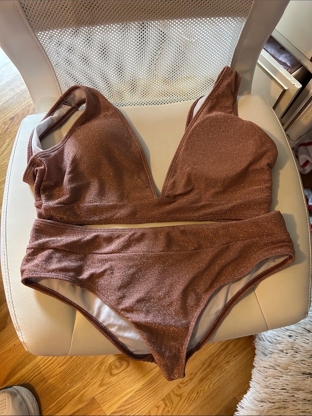 SHEIN Shimmer Copper Brown High-Waist Bikini Set